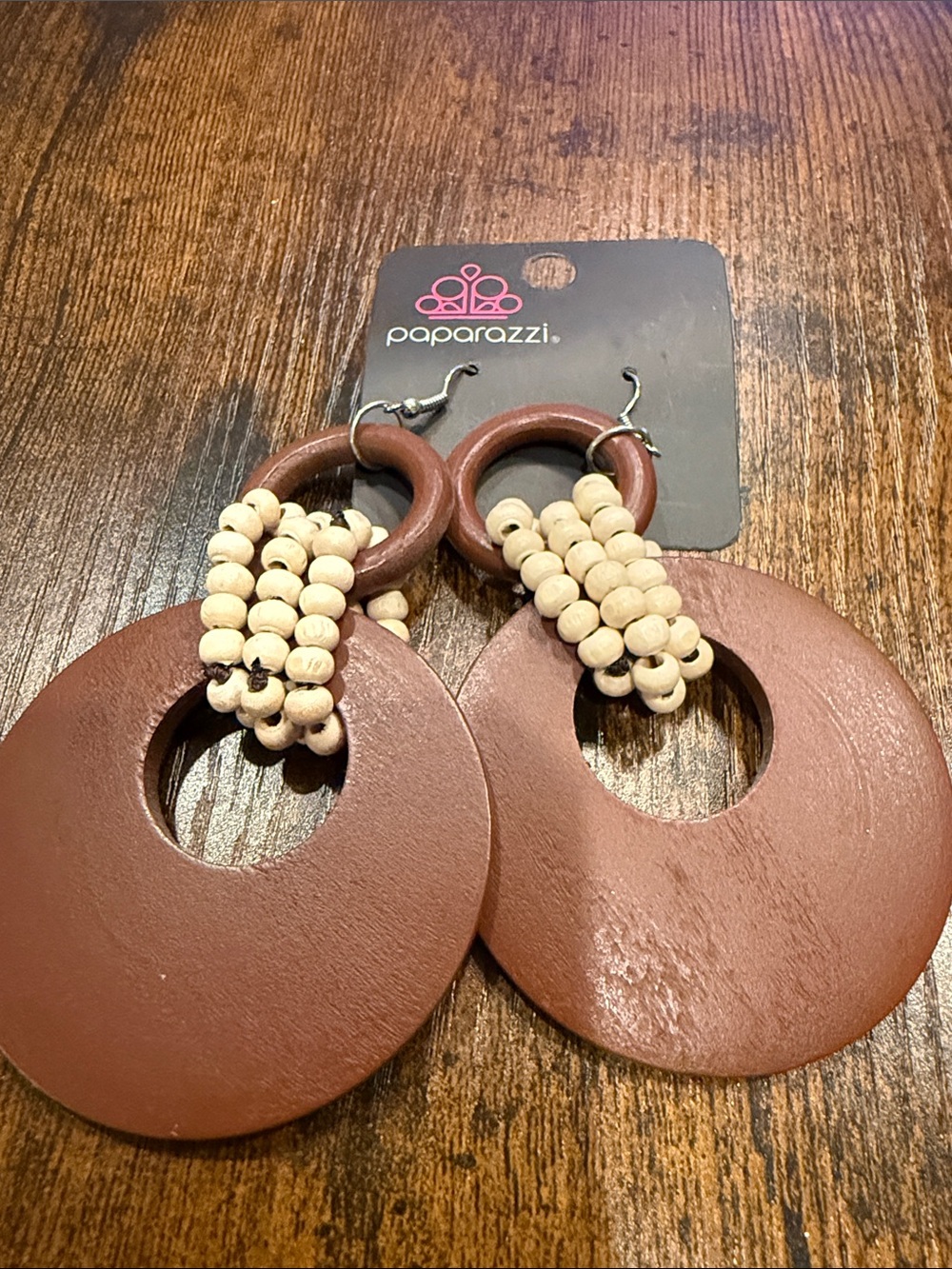 paparazzi Brown Hoop Earrings with Cream Wood Bead Accent